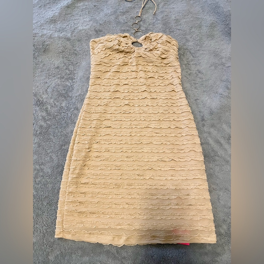 SHEIN Tan Ribbed Strapless Sheath Dress